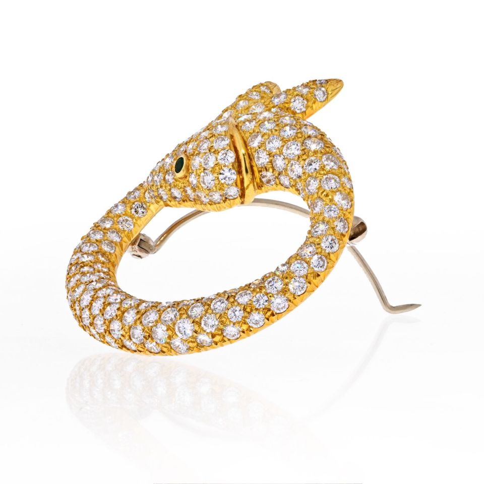 Estate 18K Yellow Gold 8 Carat Pave Set Diamond Koi Fish Brooch